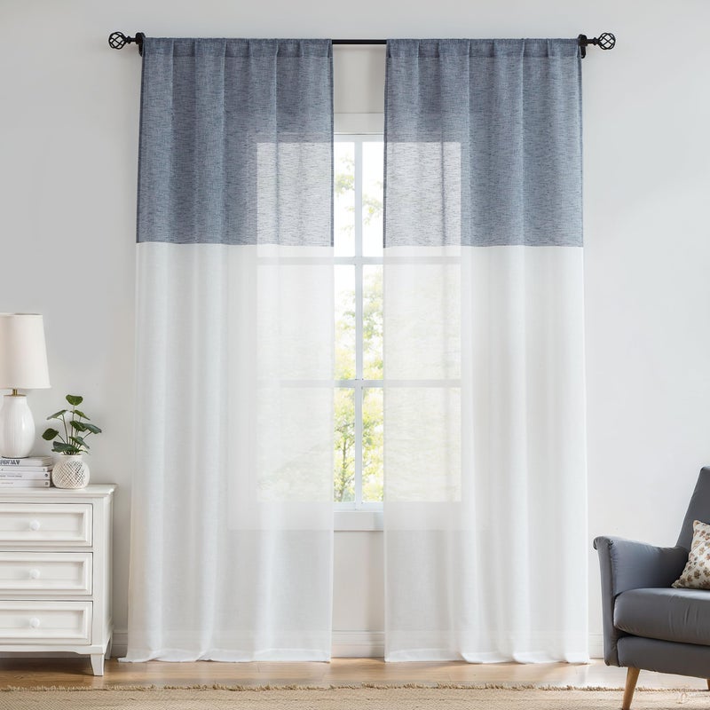 Central Park Navy and White Stripe Sheer Color Block Window Curtain Panel Linen Drape Treatment for Bedroom Living Room Farmhouse 84 inches Long with Rod Pocket, 2 Panel Rustic Living Panels - Image 1